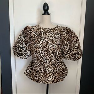 H&M Puff Sleeve Top Large Animal Print Peplum